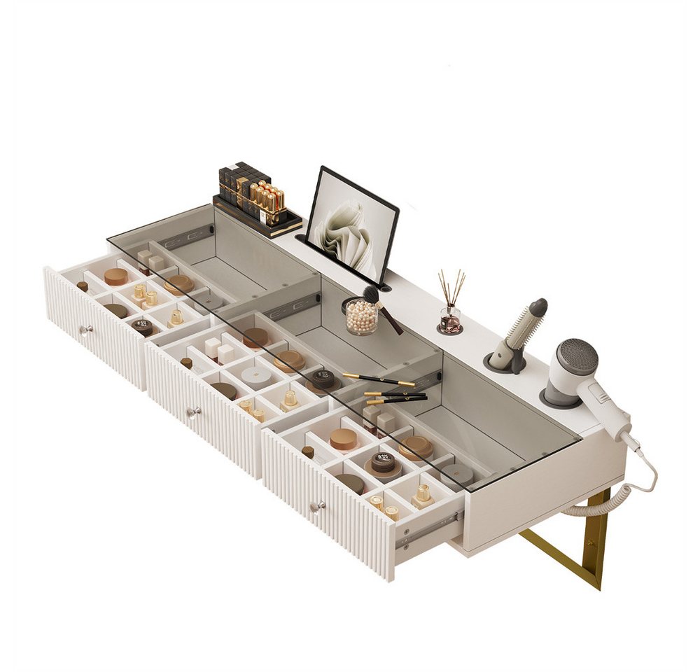 REDOM Schminktisch hängendem (mit 3 Schubladen, Glasplatte, Tablethalterung und Becherhalter, Weiß (ohne LED-Spiegel), 1-St., 120×40×45 cm) – Bild 2 von 5