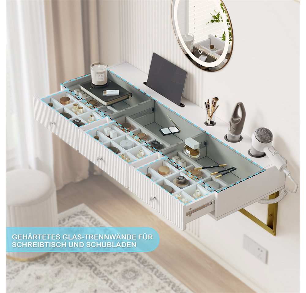 REDOM Schminktisch hängendem (mit 3 Schubladen, Glasplatte, Tablethalterung und Becherhalter, Weiß (ohne LED-Spiegel), 1-St., 120×40×45 cm) – Bild 5 von 5