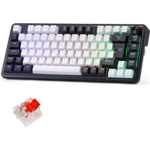Redragon DE Layout, RGB, 2.4GHz/BT/Wired, Red Switches, Schwarz & Weiß Gaming-Tastatur (Hintergrundbeleuchtung, Hot-Swap-fähig, Programmierbare Tasten)