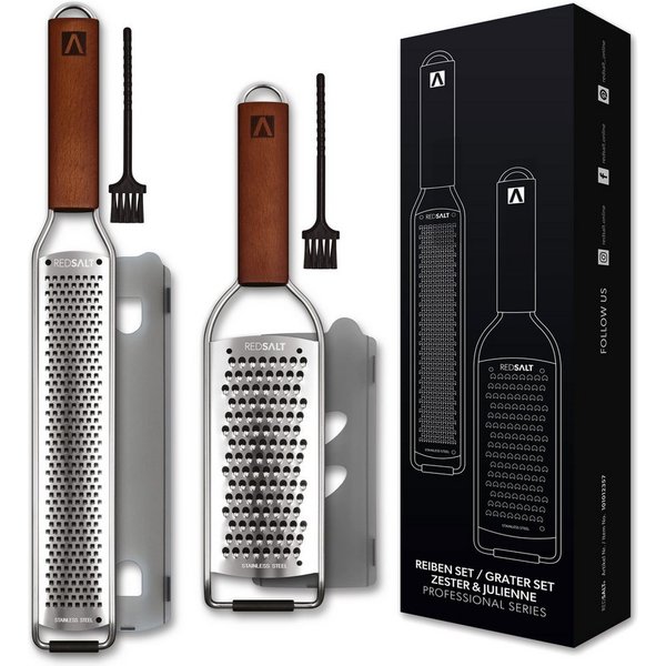 REDSALT® Küchenreibe Edelstahl Reiben Set mit Holzgriff, Profi Küchenreiben, Set Zester + Julienne Reibe, Feine rostfreie Edelstahl Klinge in INOX 18/10 Qualitä