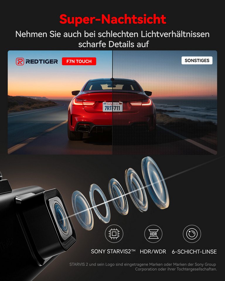REDTIGER mit SONY Starvis-Sensor und das f/1.5-Blendensystem Dashcam (WLAN (Wi-Fi), 24-Stunden Überwachung, integriertes WLAN und GPS-Ortung) – Bild 3 von 5