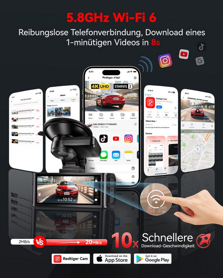 REDTIGER mit SONY Starvis-Sensor und das f/1.5-Blendensystem Dashcam (WLAN (Wi-Fi), 24-Stunden Überwachung, integriertes WLAN und GPS-Ortung) – Bild 4 von 5