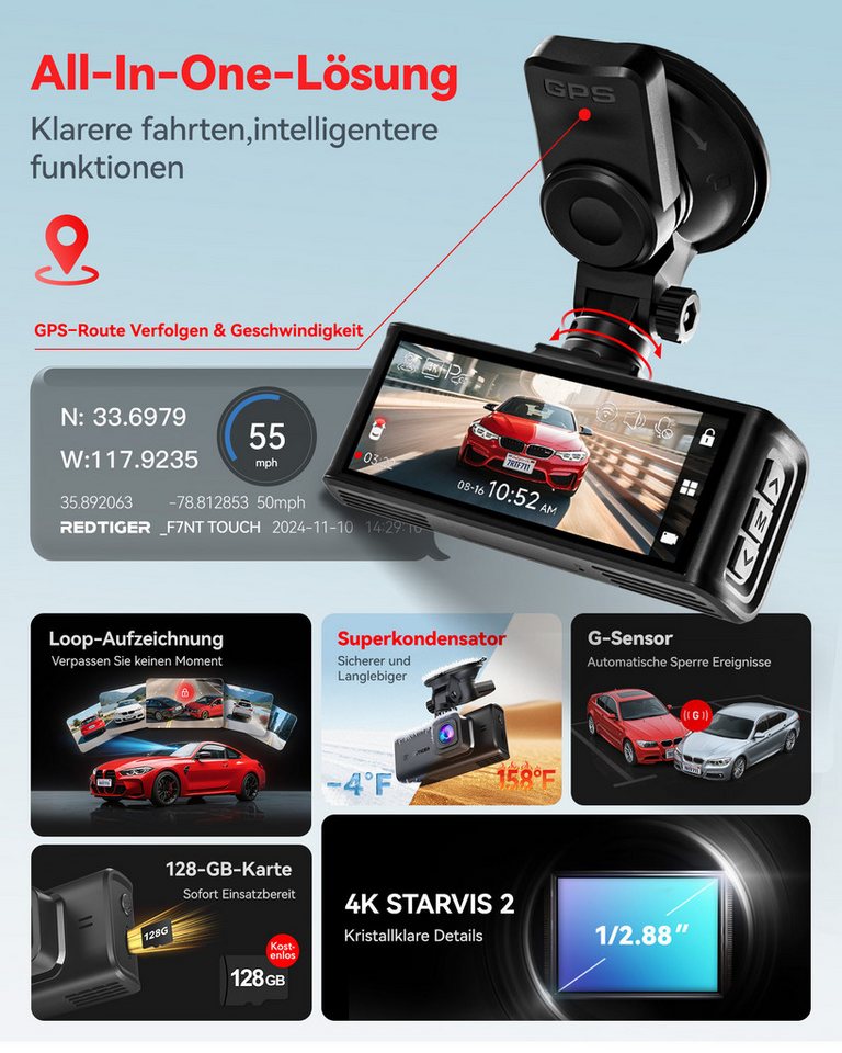REDTIGER mit SONY Starvis-Sensor und das f/1.5-Blendensystem Dashcam (WLAN (Wi-Fi), 24-Stunden Überwachung, integriertes WLAN und GPS-Ortung) – Bild 5 von 5