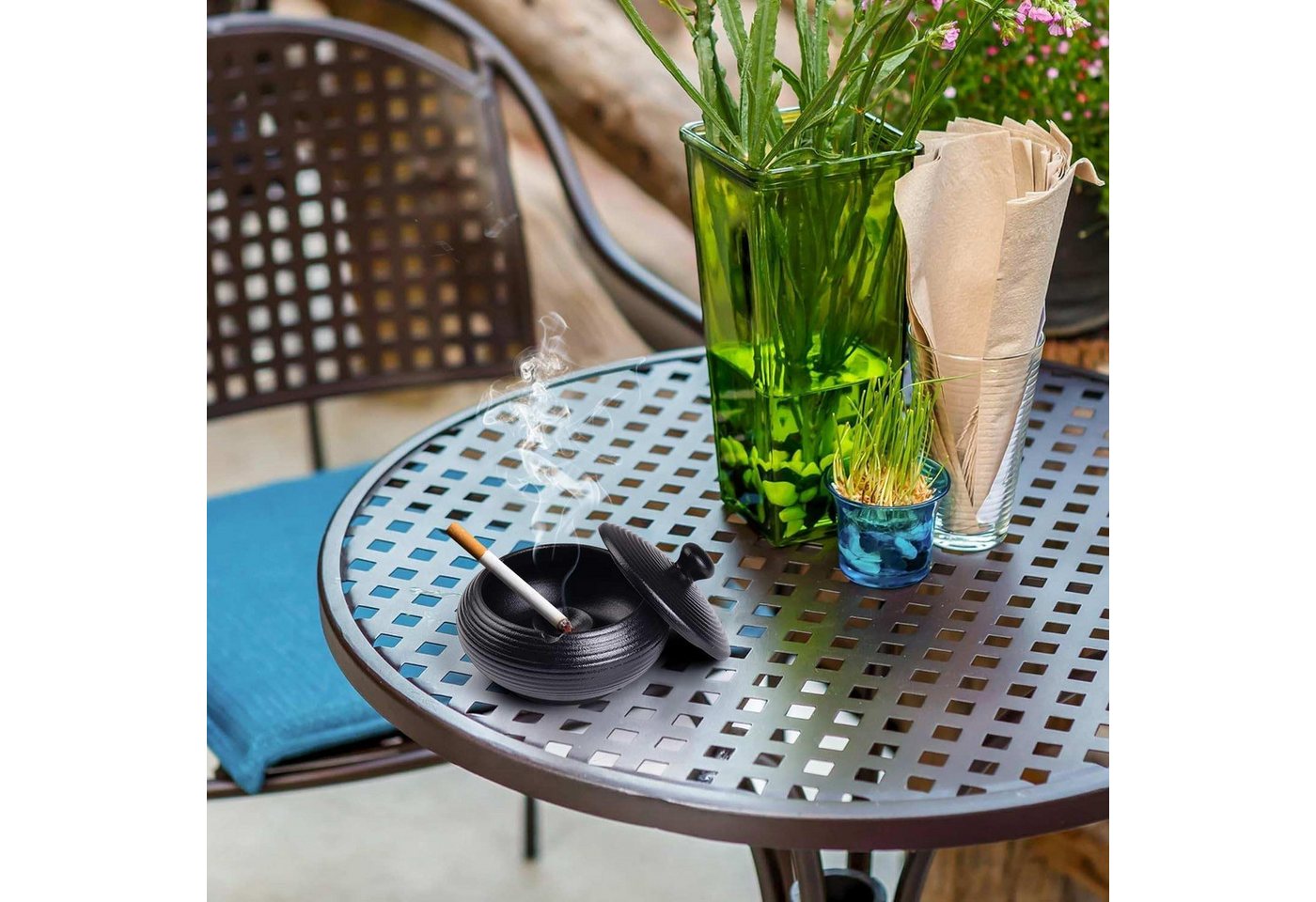 Refined Living Aschenbecher Schwarzer Retro Keramikaschenbecher mit Deckel, Wind- und Wasserdicht, für Zuhause, Balkon, Terrasse, Büro, Bars, Hotels,Rutschfest, – Bild 3 von 5