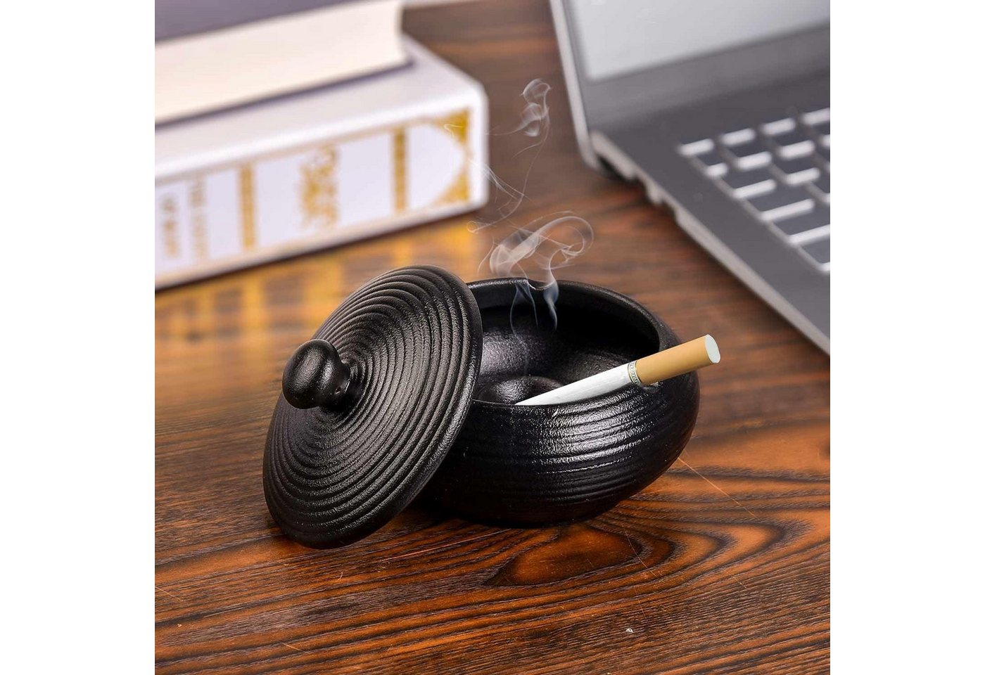 Refined Living Aschenbecher Schwarzer Retro Keramikaschenbecher mit Deckel, Wind- und Wasserdicht, für Zuhause, Balkon, Terrasse, Büro, Bars, Hotels,Rutschfest, – Bild 5 von 5