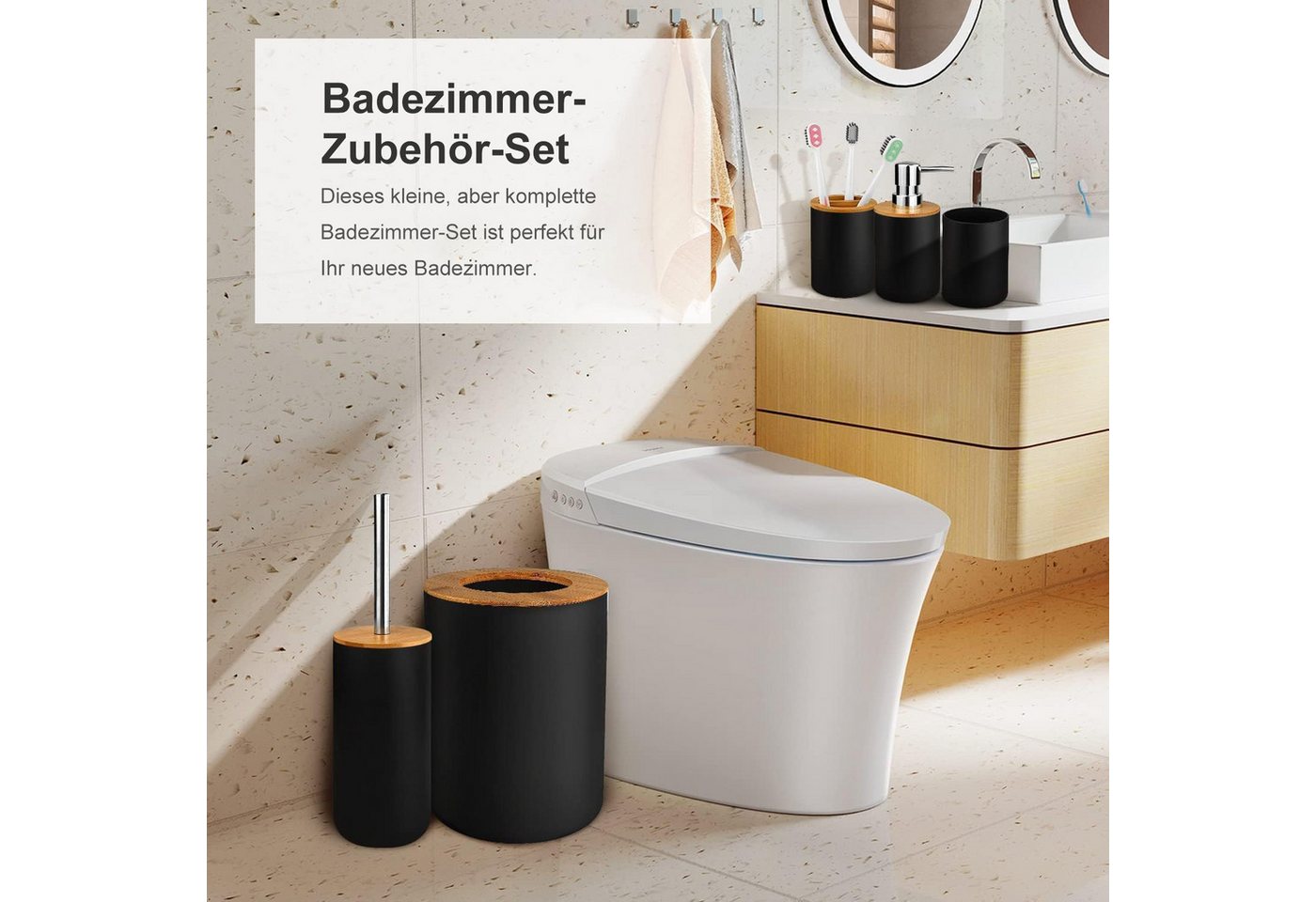 Refined Living Badaccessoire-Set 6St Badset Badezimmer zubehör Badaccessoires set seifenspender, Zahnbürstenhalter Mülleimer Spülbecher Seifenschale WC Bürste,  – Bild 2 von 5