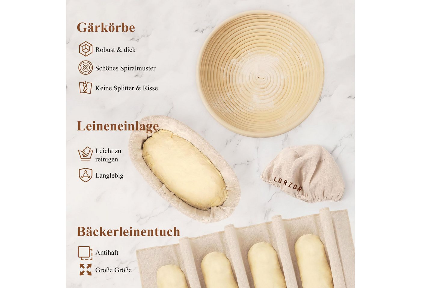 Refined Living Brotkorb Gärkorb zum Brotbacken Bäckermesser Brotbackform Gärkörbchen Oval, (Oval 25 cm und Rund 22cm Innen mit Leinentuch Nachhaltig und Natürli – Bild 3 von 5