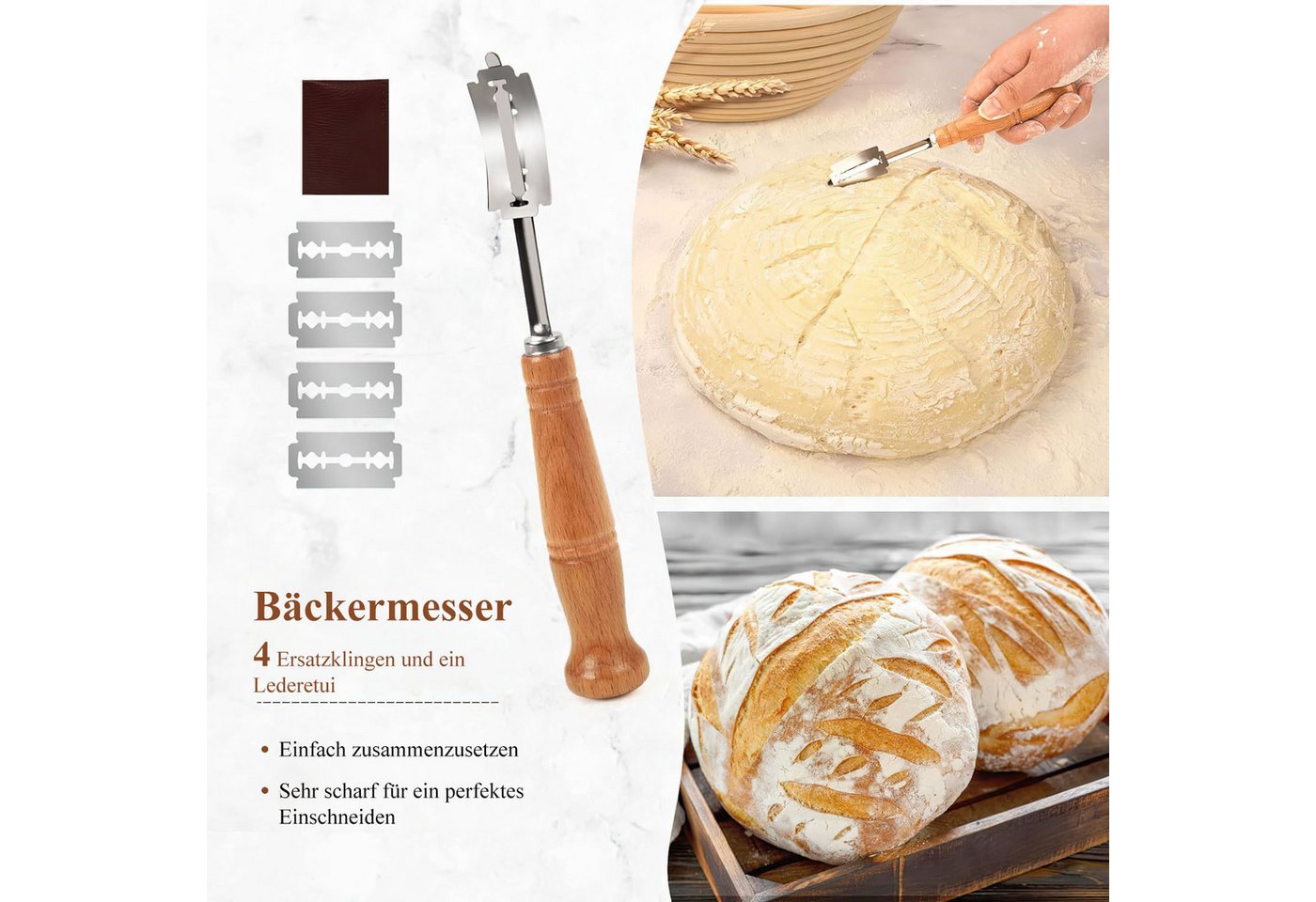 Refined Living Brotkorb Gärkorb zum Brotbacken Bäckermesser Brotbackform Gärkörbchen Oval, (Oval 25 cm und Rund 22cm Innen mit Leinentuch Nachhaltig und Natürli – Bild 4 von 5