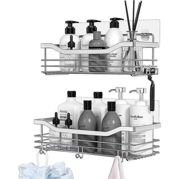 Refined Living Duschregal Duschablage ohne Bohren,Edelstahl Duschablage mit 5 Haken,2 Stück, Duschkörbe für Bad Küche Toilette,Duschregal,Badezimmer Regal Organ