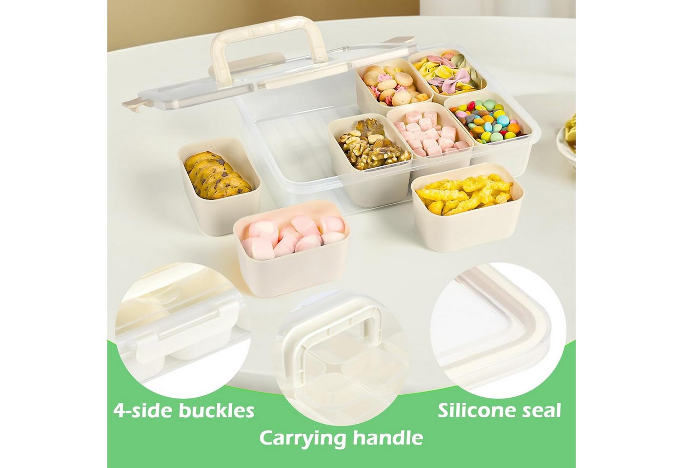 Refined Living Frischhaltedose Snackbox mit 8 Fächern, Servierplatte, Snackschale mit Deckel & Griff, Lebensmittelechtes PP, (Tragbarer Snack Organizer, Snackdo – Bild 3 von 5
