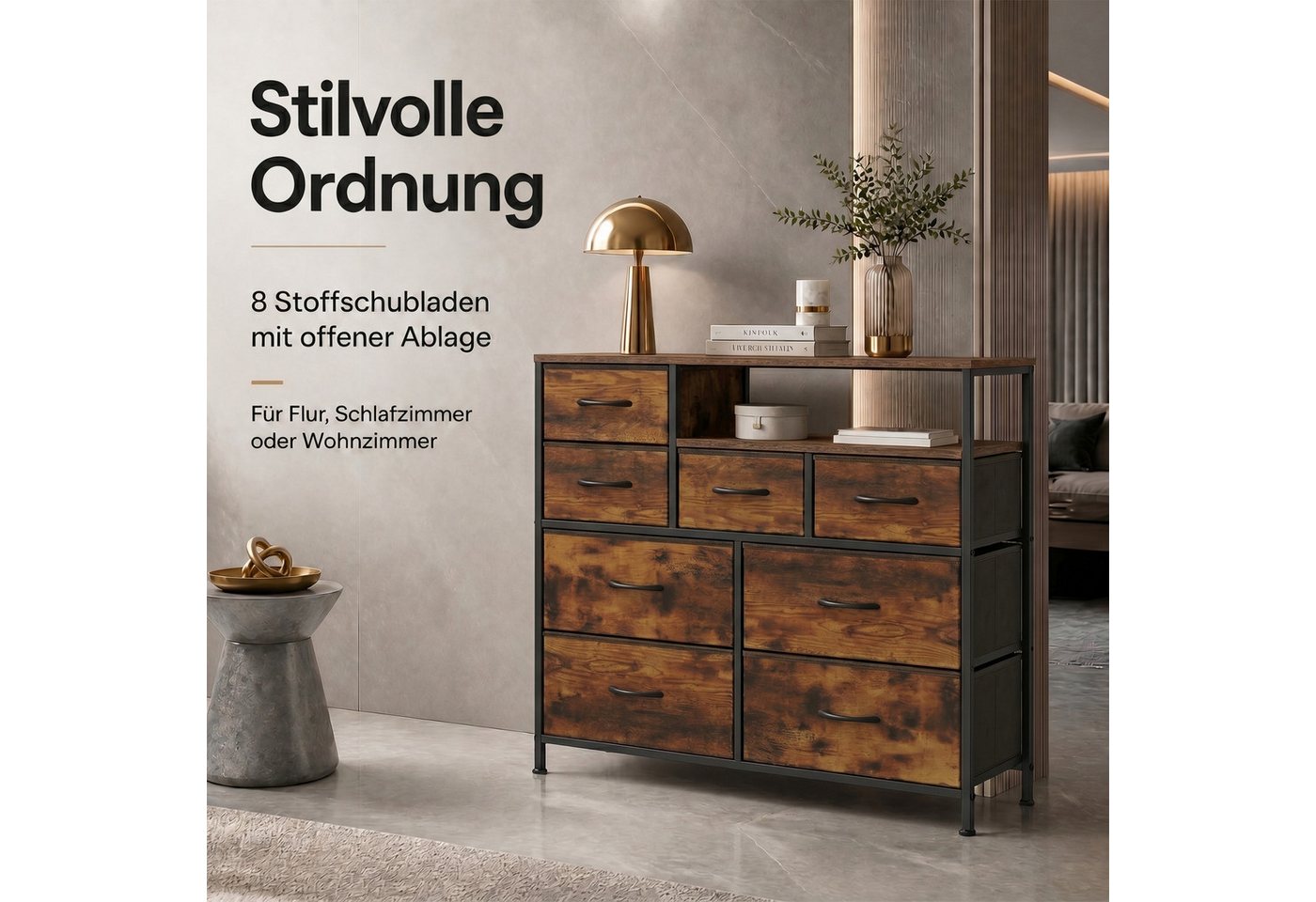 Refined Living Kommode Stoffkommode mit 6/7/8 Schubladen mit 2 offenen Ablagen Komodenschrank (Holzplatte und Metallrahmen, wasserdicht, Platzieren Dekorationen – Bild 2 von 5