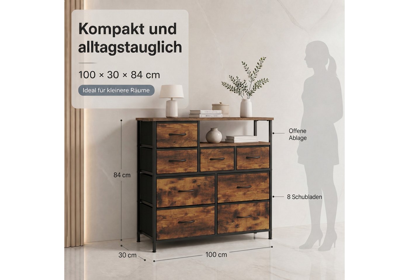 Refined Living Kommode Stoffkommode mit 6/7/8 Schubladen mit 2 offenen Ablagen Komodenschrank (Holzplatte und Metallrahmen, wasserdicht, Platzieren Dekorationen – Bild 3 von 5