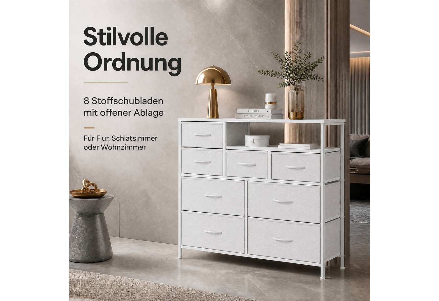 Refined Living Kommode Stoffkommode mit 6/7/8 Schubladen mit 2 offenen Ablagen Komodenschrank (Holzplatte und Metallrahmen, wasserdicht, Platzieren Dekorationen – Bild 2 von 5