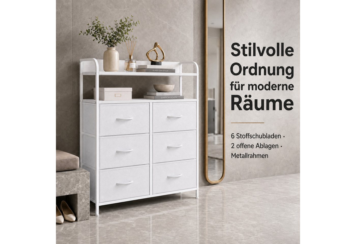 Refined Living Kommode Stoffkommode mit 6/7/8 Schubladen mit 2 offenen Ablagen Komodenschrank (Holzplatte und Metallrahmen, wasserdicht, Platzieren Dekorationen – Bild 2 von 5