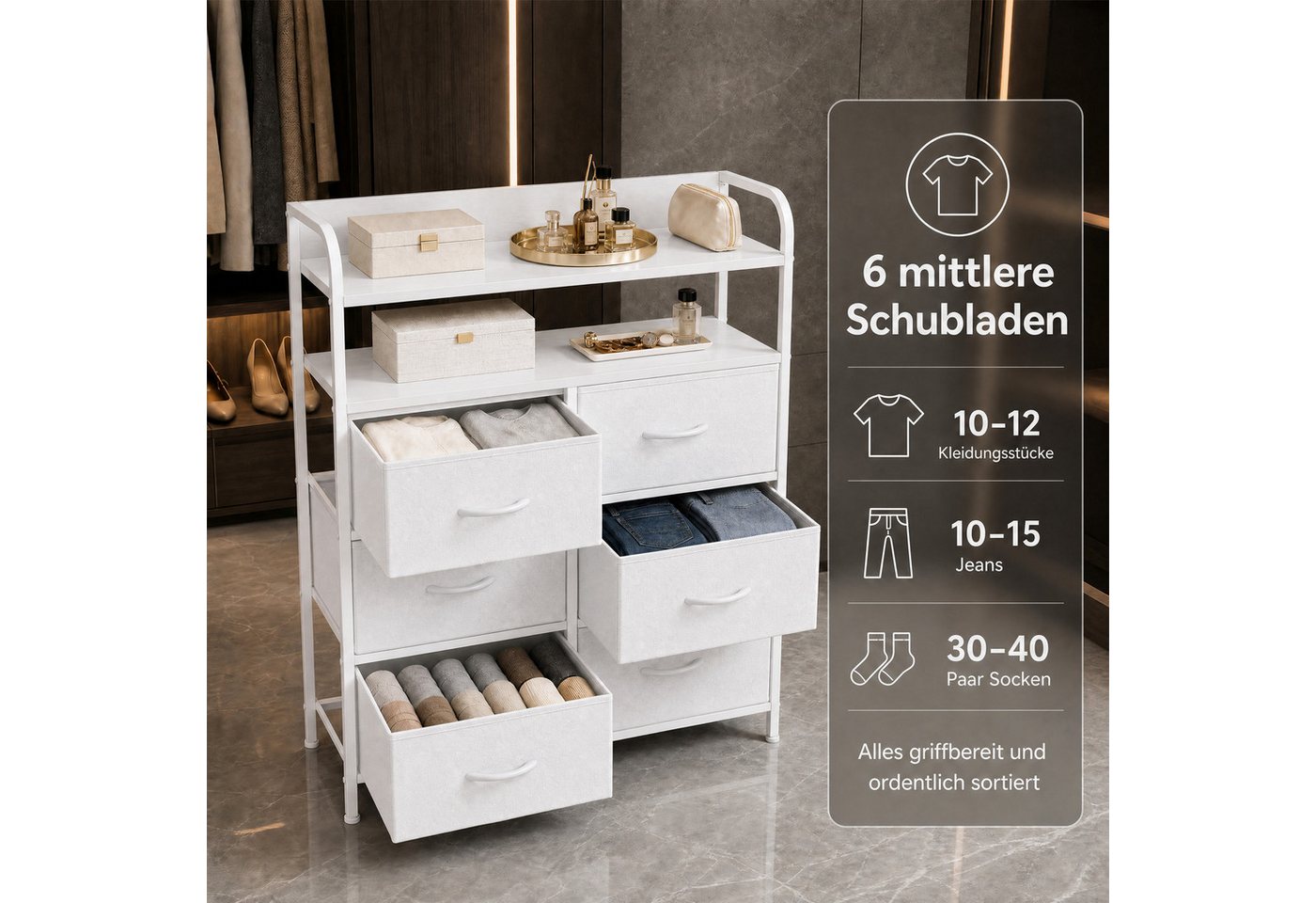 Refined Living Kommode Stoffkommode mit 6/7/8 Schubladen mit 2 offenen Ablagen Komodenschrank (Holzplatte und Metallrahmen, wasserdicht, Platzieren Dekorationen – Bild 4 von 5