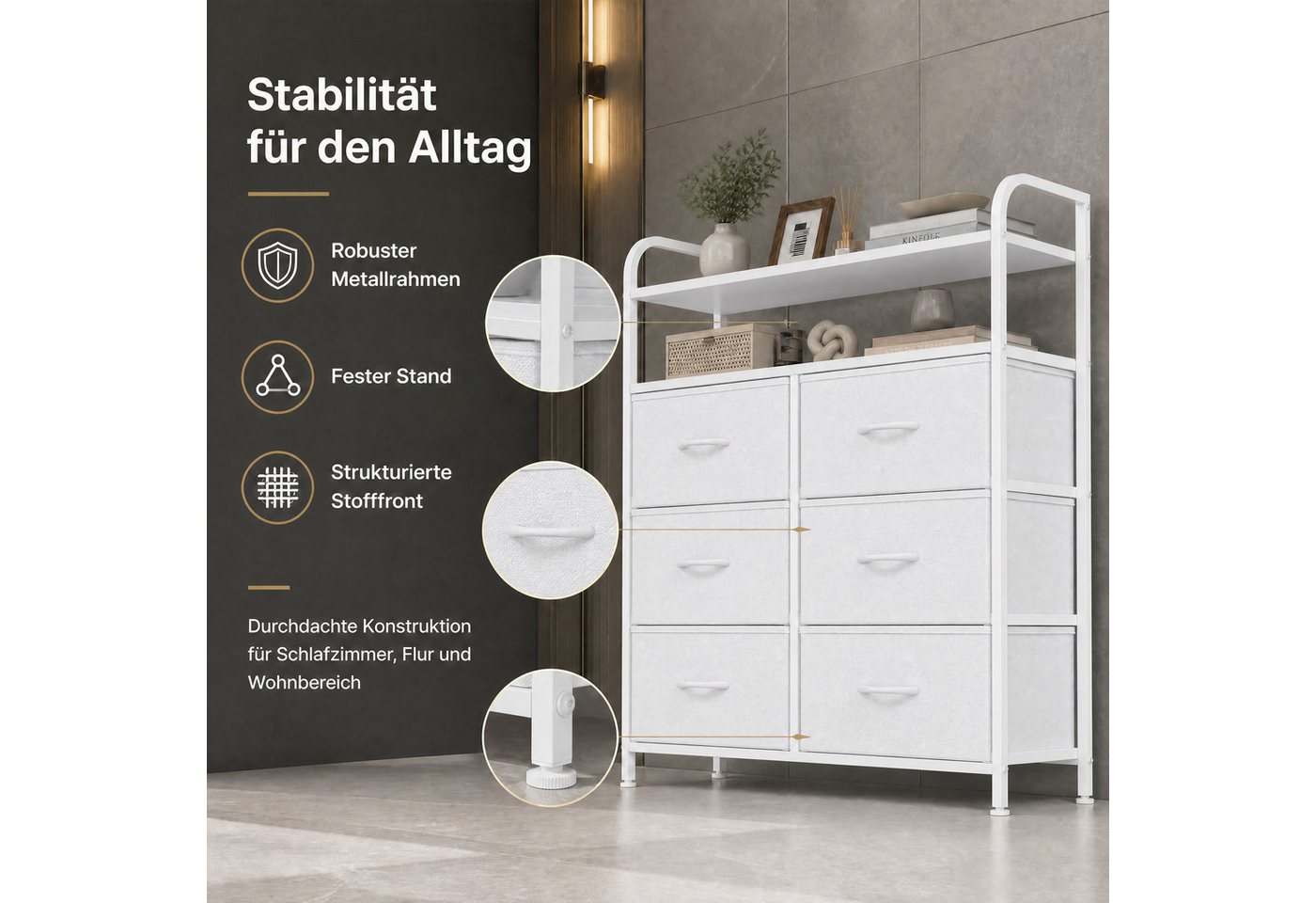 Refined Living Kommode Stoffkommode mit 6/7/8 Schubladen mit 2 offenen Ablagen Komodenschrank (Holzplatte und Metallrahmen, wasserdicht, Platzieren Dekorationen – Bild 5 von 5