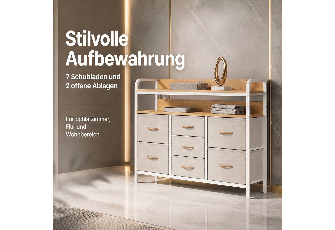 Refined Living Kommode Stoffkommode mit 6/7/8 Schubladen mit 2 offenen Ablagen Komodenschrank (Holzplatte und Metallrahmen, wasserdicht, Platzieren Dekorationen – Bild 2 von 5