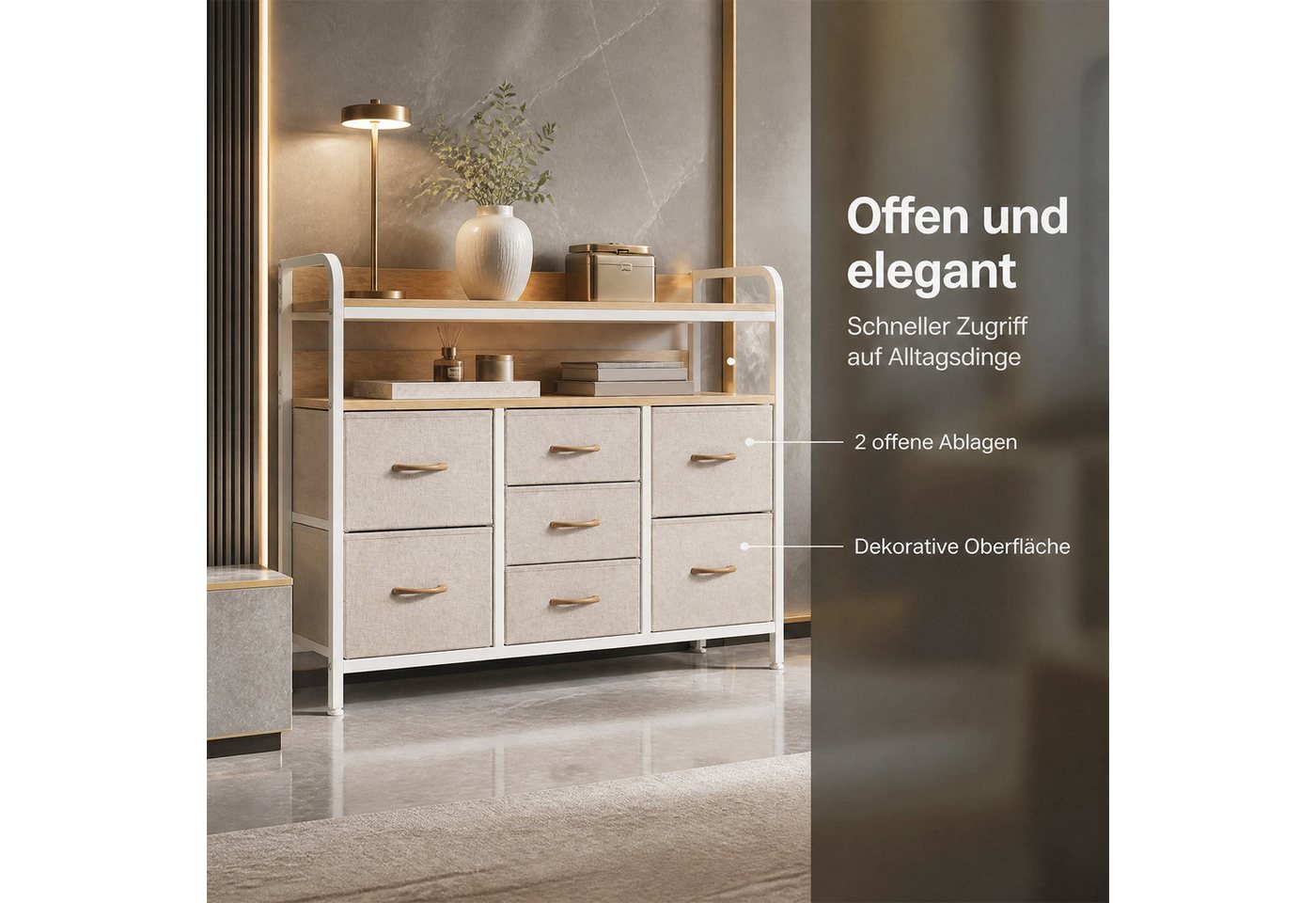 Refined Living Kommode Stoffkommode mit 6/7/8 Schubladen mit 2 offenen Ablagen Komodenschrank (Holzplatte und Metallrahmen, wasserdicht, Platzieren Dekorationen – Bild 5 von 5