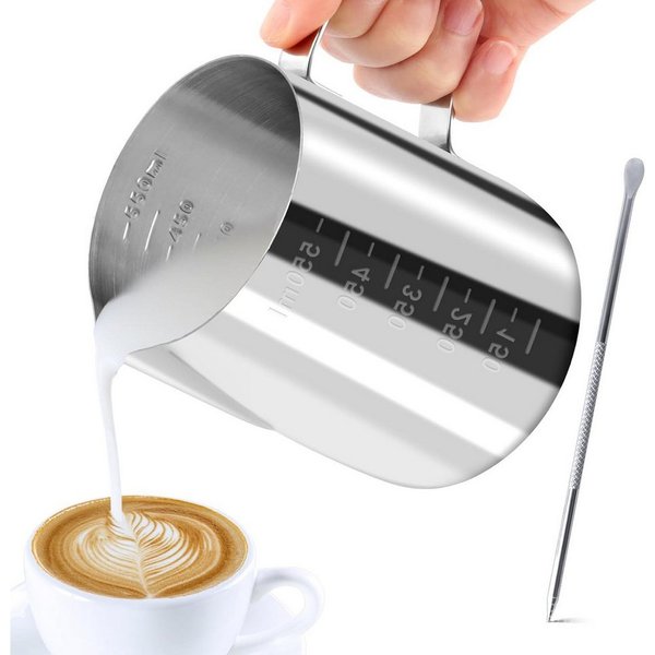 Refined Living Milchkännchen Handheld Edelstahl Aufschäumkännchen mit Latte-Art-Stift und Messskala, 350 l, (350/600 ml Milchkanne, Barista Milchaufschäumer, Ba