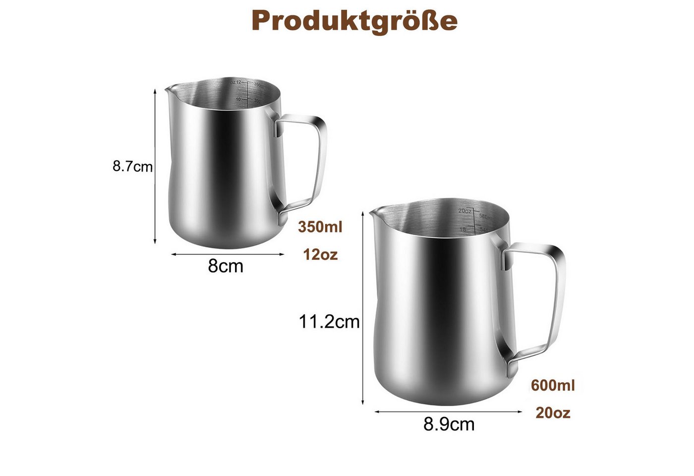 Refined Living Milchkännchen Handheld Edelstahl Aufschäumkännchen mit Latte-Art-Stift und Messskala, 350 l, (350/600 ml Milchkanne, Barista Milchaufschäumer, Ba – Bild 2 von 5