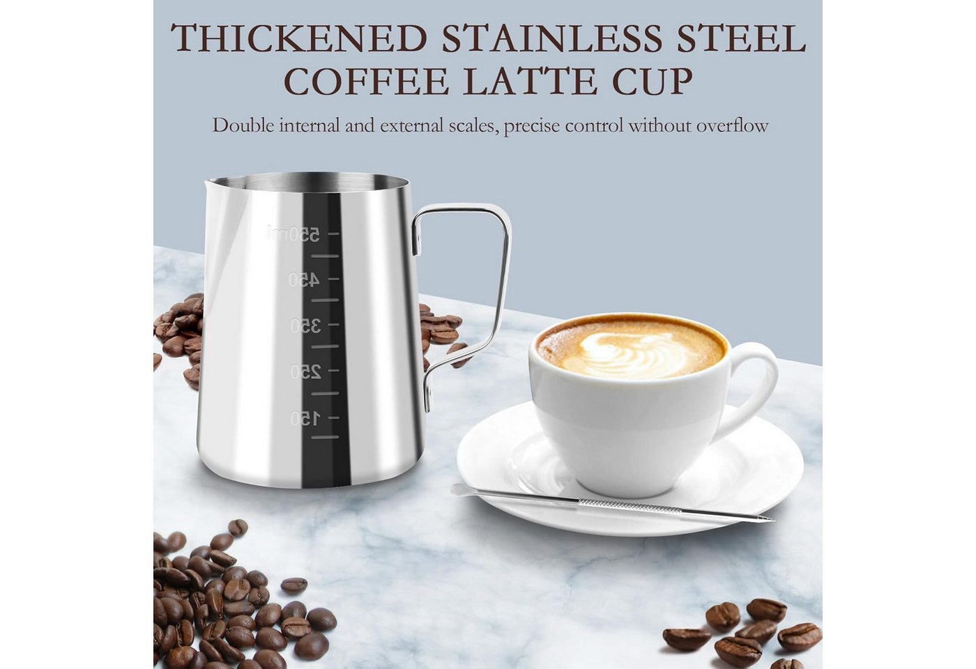 Refined Living Milchkännchen Handheld Edelstahl Aufschäumkännchen mit Latte-Art-Stift und Messskala, 350 l, (350/600 ml Milchkanne, Barista Milchaufschäumer, Ba – Bild 3 von 5