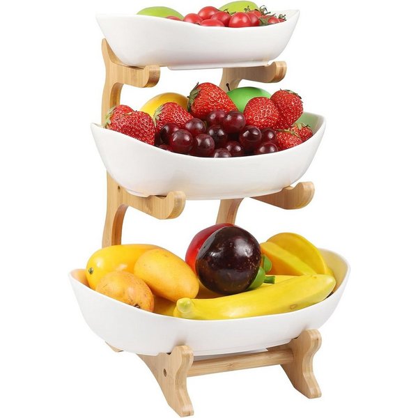 Refined Living Obstschale Obstschale, Fruchtkuchen Stehen, 3-stöckiger Keramik-Obstkübel, Bambusholz + Keramik C, (Keramik Obstschale, Obstablage mit Holzstände