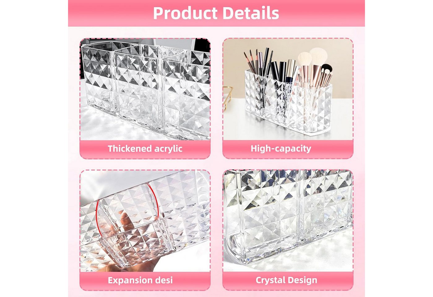 Refined Living Organizer Make Up Organizer, Makeup Pinsel Organizer Becher, mit 3 Fächern (Kosmetik Organizer, Acryl Schminkpinsel Aufbewahrung, Transparent,für – Bild 4 von 5