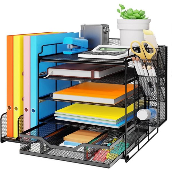 Refined Living Organizer Schreibtisch-Organizer, mit Schublade und 2 Stifthalter, 4-stöckig (Schreibtisch Organizer, 5-stufiger Papier Organizer mit Schublade u