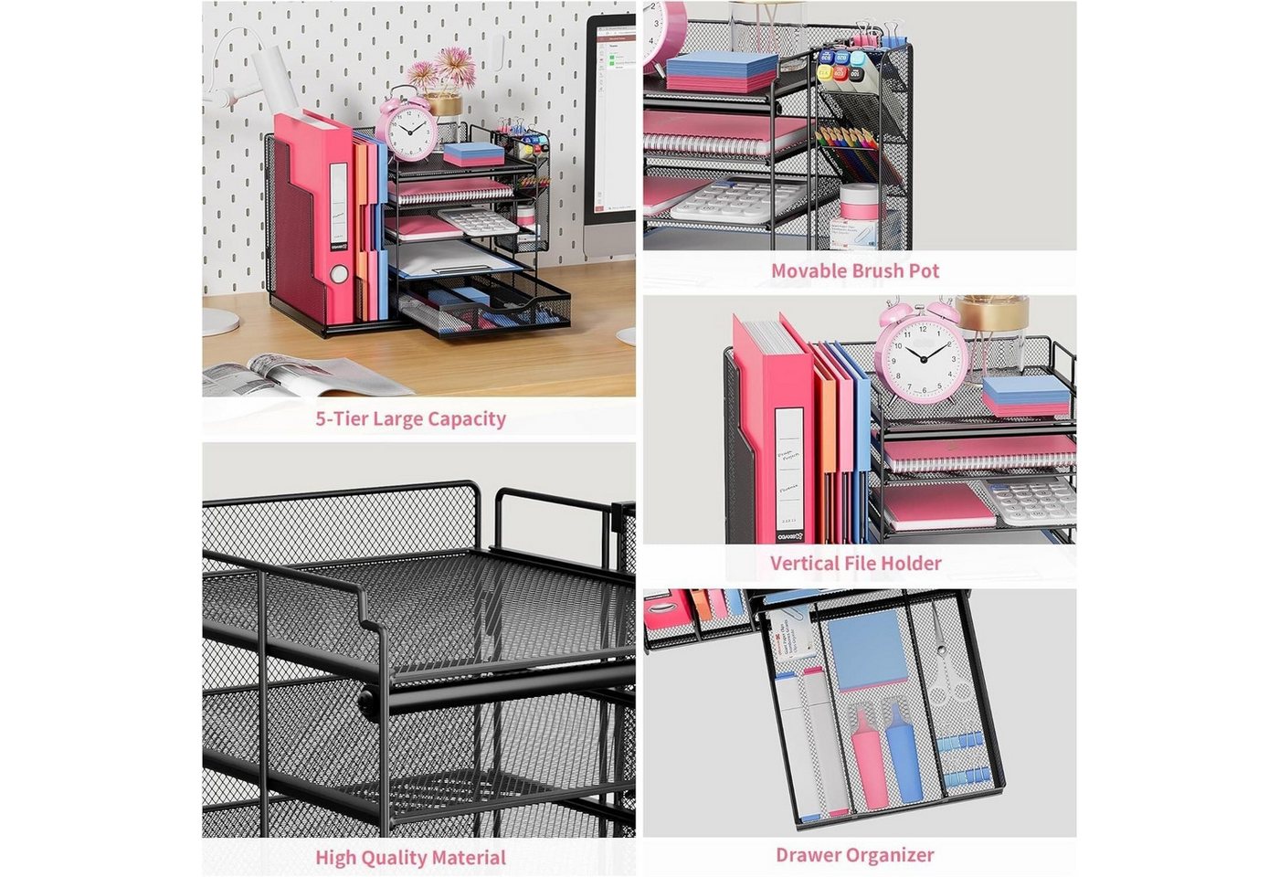 Refined Living Organizer Schreibtisch-Organizer, mit Schublade und 2 Stifthalter, 4-stöckig (Schreibtisch Organizer, 5-stufiger Papier Organizer mit Schublade u – Bild 4 von 5
