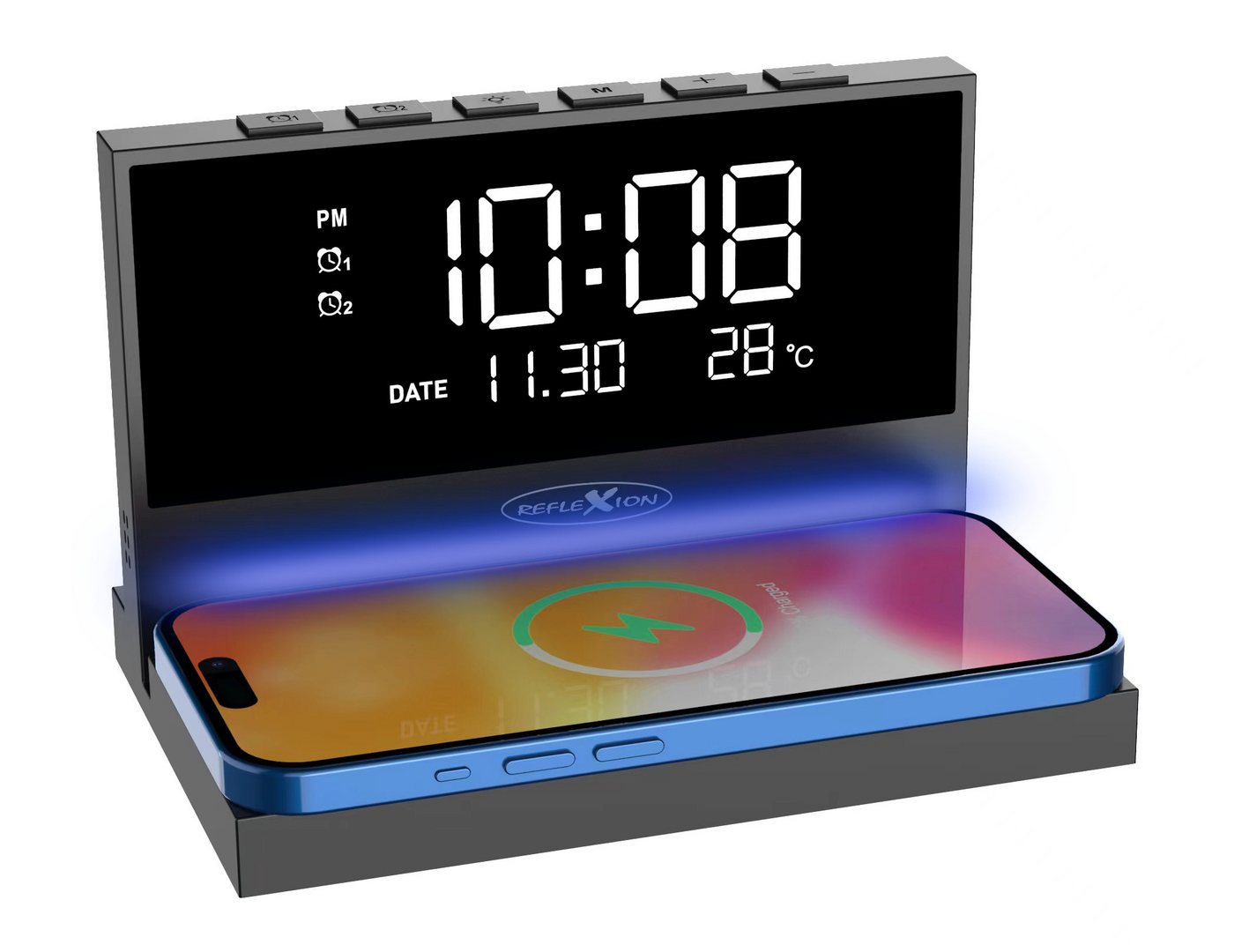 Reflexion ACW2188 Wecker Smartphone Ladestation Wireless Charger (3000 mA, Großes Display für Uhrzeit, Datum und Temperatur / Nachtlicht) – Bild 5 von 5