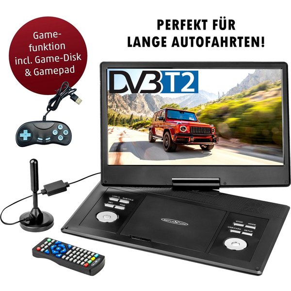 Reflexion DVD1424 Portabler DVD-Player (DVB-T2 HD Tuner, integrierter Akku, 12V Auto Adpater, Game-Disk)