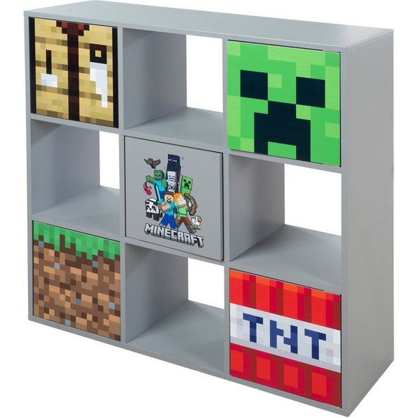 Minecraft Regal mit 4 Fächern & 5 Push to Open Türen - aus Holz mit Minecraft Motiv, 9 Fächer- Stauraumregal für Kinder, Jugendliche & Erwachsene - Grau