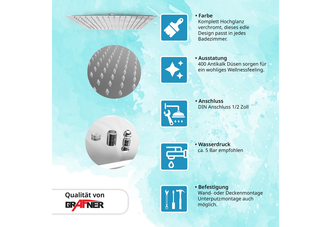 Grafner Regenduschkopf Grafner® Duschkopf Edelstahl 50x50 cm Regendusche, 1/2 Zoll Standardanschluss – Bild 3 von 5