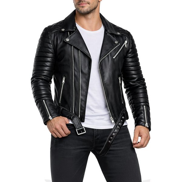 Reichstadt Lederjacke Herren Slim Fit Kunstleder Jacke Silver Zipper RS001X PU im Bikerstyle mit Silver Zippern