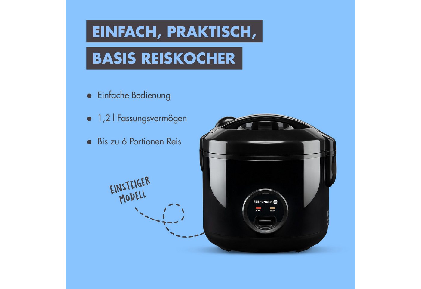 Reishunger Reiskocher Basis – 1,2 L – mit Keramikbeschichtung – bis zu 6 Portionen, 500 W, Mit Dampfgarfunktion & Warmhaltefunktion – Bild 2 von 5