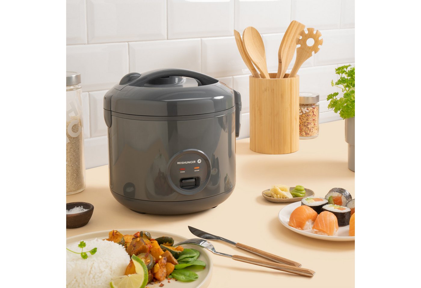 Reishunger Reiskocher Basis – 1,2 L – mit Keramikbeschichtung – bis zu 6 Portionen, 500 W, Mit Dampfgarfunktion & Warmhaltefunktion – Bild 3 von 5