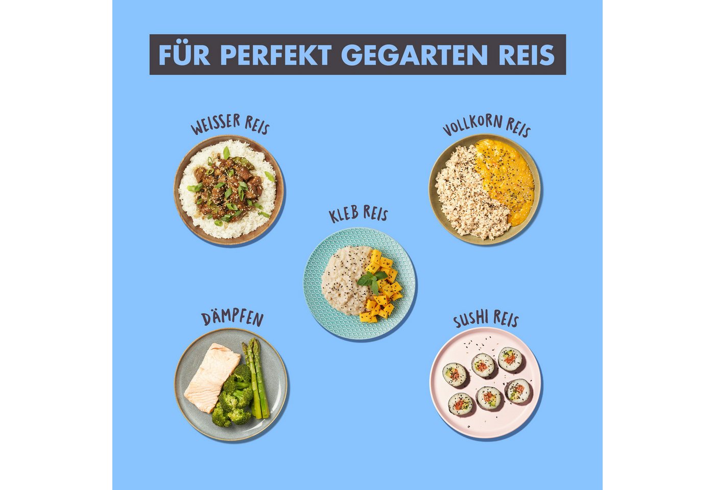 Reishunger Reiskocher Basis – 1,2 L – mit Keramikbeschichtung – bis zu 6 Portionen, 500 W, Mit Dampfgarfunktion & Warmhaltefunktion – Bild 4 von 5