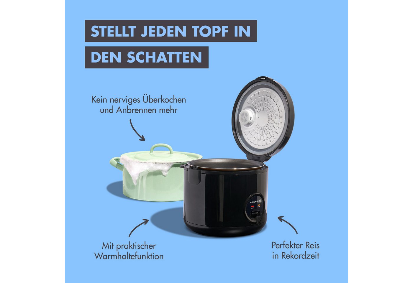 Reishunger Reiskocher Basis – 1,2 L – mit Keramikbeschichtung – bis zu 6 Portionen, 500 W, Mit Dampfgarfunktion & Warmhaltefunktion – Bild 5 von 5