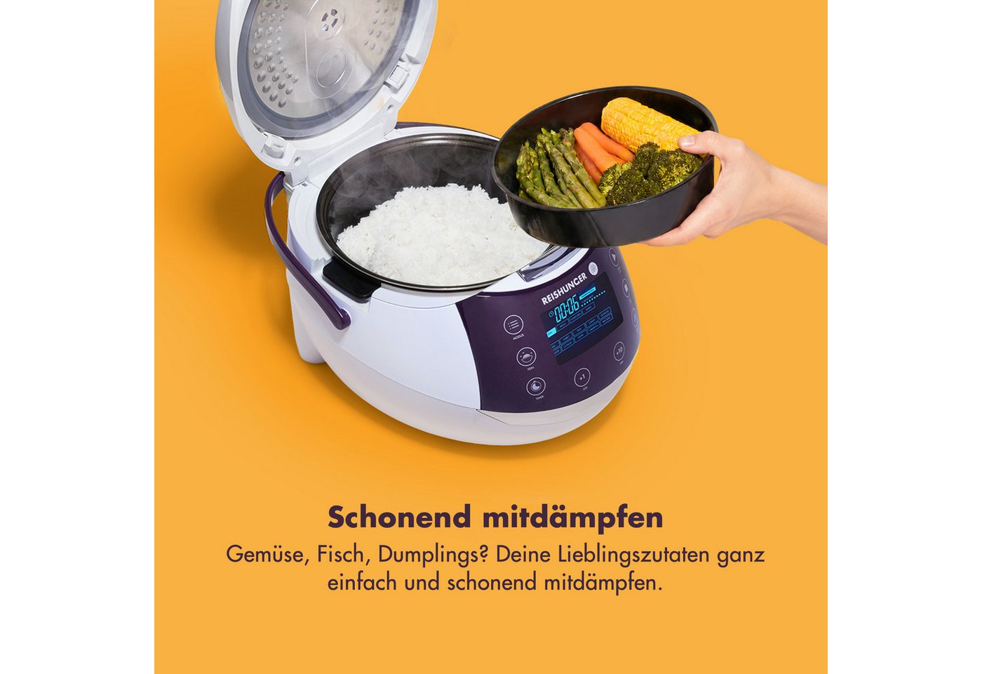 Reishunger Reiskocher Digital – 1,5 L – Multikocher – 12 Programme – Keramikbeschichtung, 860 W, Timer- und Warmhaltefunktion, 7-Kochphasen-Technologie, LED-Dis – Bild 2 von 5