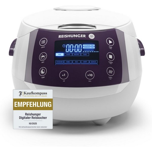 Reishunger Reiskocher Digital – 1,5 L – Multikocher – 12 Programme – Keramikbeschichtung, 860 W, Timer- und Warmhaltefunktion, 7-Kochphasen-Technologie, LED-Dis