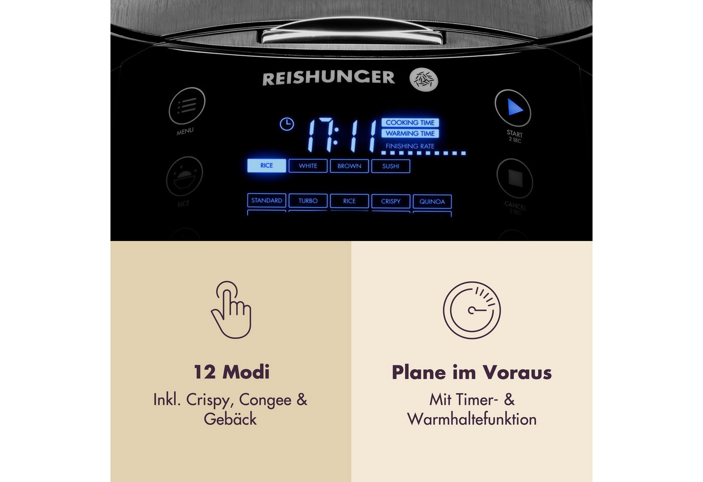 Reishunger Reiskocher Digital – 1,5 L – Multikocher – 12 Programme – Keramikbeschichtung, 860 W, Timer- und Warmhaltefunktion, 7-Kochphasen-Technologie, LED-Dis – Bild 5 von 5