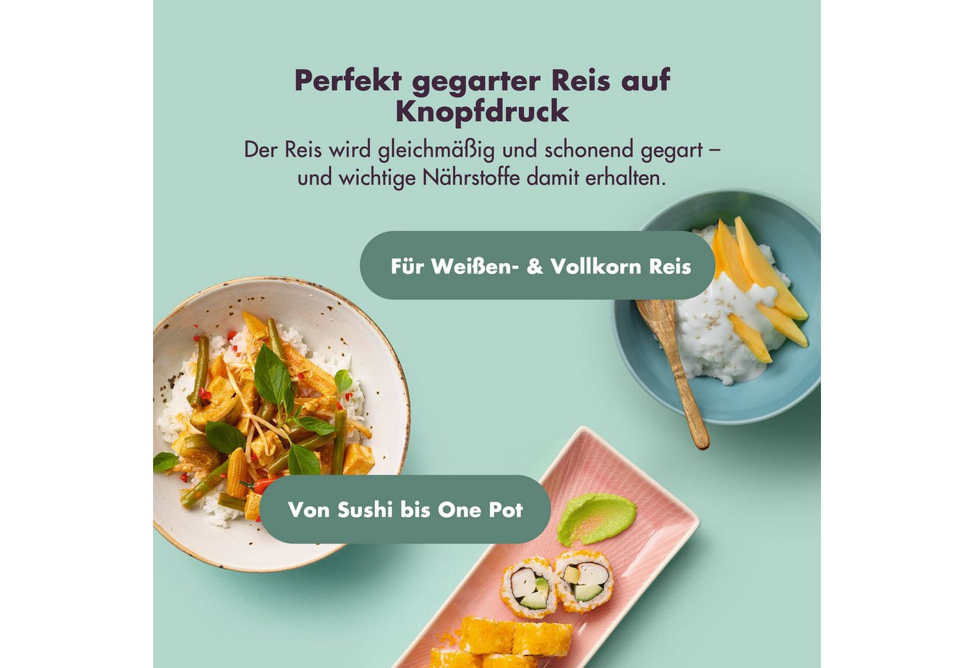 Reishunger Reiskocher Digital Mini – 0,6 L – Multikocher – 8 Programme – Keramikbeschichtung, 350 W, Dämpfeinsatz, Messbecher, Reislöffel, Timer- und Warmhaltef – Bild 2 von 5