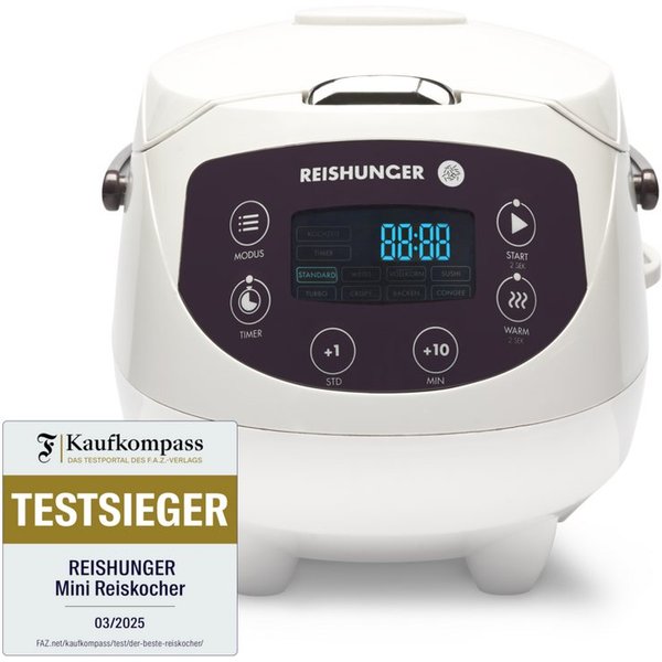 Reishunger Reiskocher Digital Mini – 0,6 L – Multikocher – 8 Programme – Keramikbeschichtung, 350 W, Dämpfeinsatz, Messbecher, Reislöffel, Timer- und Warmhaltef
