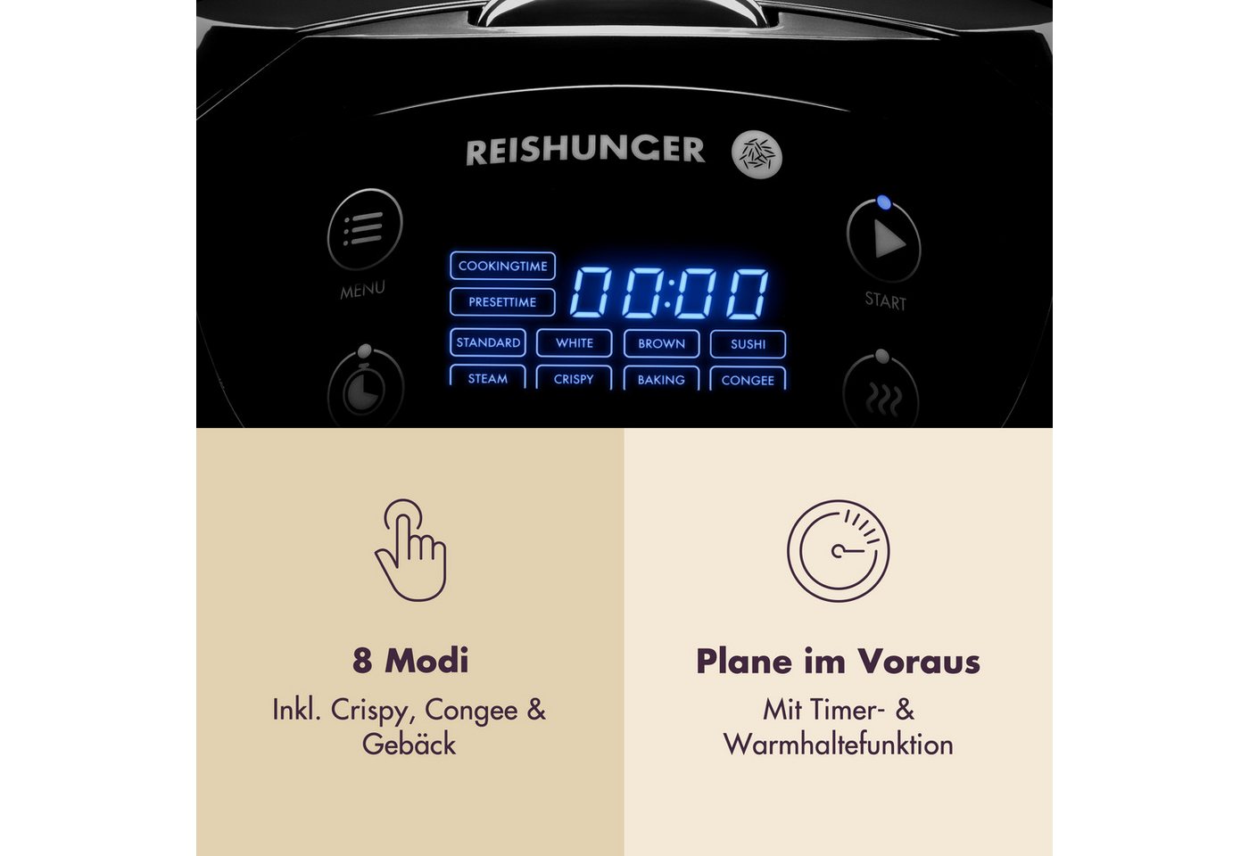 Reishunger Reiskocher Digital Mini – 0,6 L – Multikocher – 8 Programme – Keramikbeschichtung, 350 W, Dämpfeinsatz, Messbecher, Reislöffel, Timer- und Warmhaltef – Bild 3 von 5
