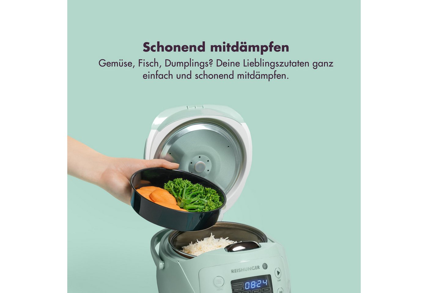 Reishunger Reiskocher Digital Mini – 0,6 L – Multikocher – 8 Programme – Keramikbeschichtung, 350 W, Dämpfeinsatz, Messbecher, Reislöffel, Timer- und Warmhaltef – Bild 4 von 5