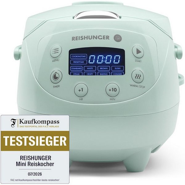 Reishunger Reiskocher Digital Mini – 0,6 L – Multikocher – 8 Programme – Keramikbeschichtung, 350 W, Dämpfeinsatz, Messbecher, Reislöffel, Timer- und Warmhaltef