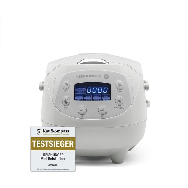 Reishunger Reiskocher Digital Mini – 0,6 L – Multikocher – 8 Programme – Keramikbeschichtung, 350 W, Dämpfeinsatz, Messbecher, Reislöffel, Timer- und Warmhaltef