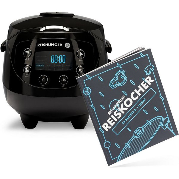 Reishunger Reiskocher Digital Mini – 0,6 L – Multikocher – 8 Programme – Keramikbeschichtung, 350 W, Dämpfeinsatz, Messbecher, Reislöffel, Timer- und Warmhaltef