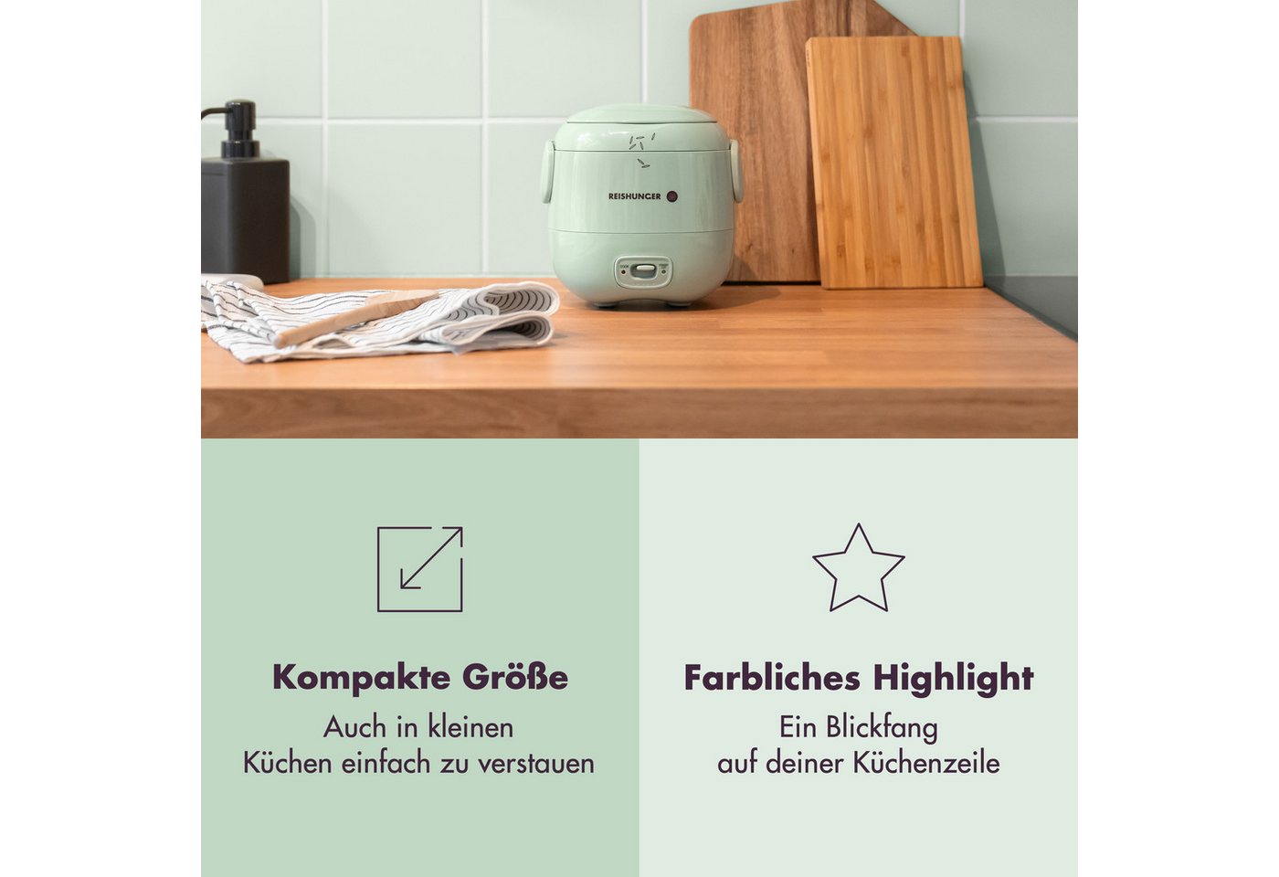 Reishunger Reiskocher Mini – 0,3 L– Keramikbeschichtung – 2 Portionen – in 4 Farben, 120 W, Handliche Größe für kleine Haushalte und unterwegs – Bild 2 von 5