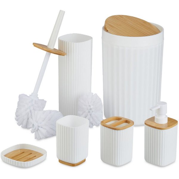 relaxdays Badaccessoire-Set 6-teiliges Badezimmer Set, Elegantes geriffeltes Design mit natürlichen Bambus-Details, 6 tlg., weiß
